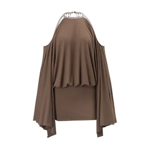 Elegant brown halter neck dress featuring draped batwing sleeves and a sexy bodycon hem