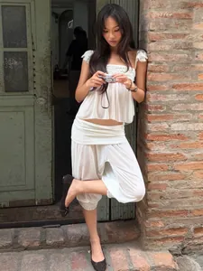 Franse chic witte zomerse 2-delige set met transparante top en een wijde harembroek