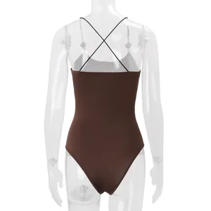 Chic brown sleeveless bodysuit featuring elegant criss-cross back straps for women
