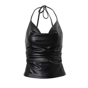 Fashionable black PU leather halter top featuring a sexy cowl neck and ruched detailing