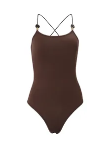 Elegant solid brown sleeveless bodysuit with crossover back straps and bead details