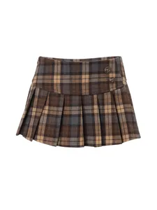 Brown plaid pleated mini skirt featuring a low-waist American retro preppy style