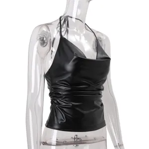 Macro view of black PU leather halter neck tank top with stylish gathered front.