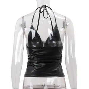 Back view of a sexy black PU leather backless halter top on a mannequin