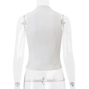 Detailed back view of white eyelet embroidery sleeveless slim fit cropped vest top for women