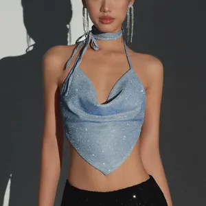 Detail view of a blue glittery halter neck crop top with a cowl neck and choker tie