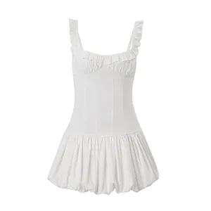Elegant white mini bubble dress with pleated ruffles and a sleeveless corset style bodice