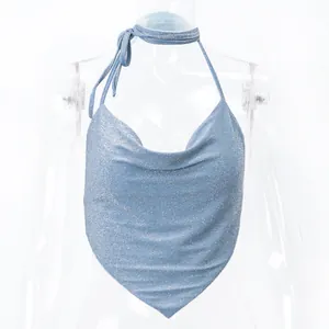 Detailed view of a glittering light blue halter neck bandana top on a mannequin
