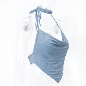 Detailed side view of a shimmering light blue halter neck bandana crop top on a mannequin