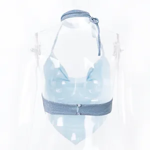 Detailed back view of light blue glittery halter neck top with neck tie