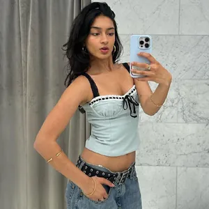Women Sexy Square Neck Lace Trim Camisole Y2K Hot Girl Ribbed Bow Decor Low Cut Sleeveless Tank Top Summer Streetwear