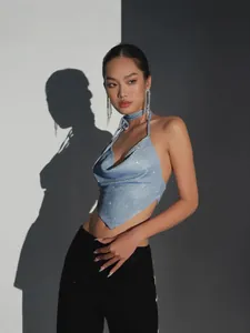 Sexy light blue glitter halter neck camisole with cowl neck and pointed hem