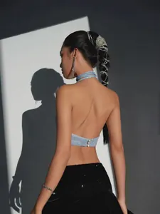 Sexy light blue sparkly halter neck camisole for women featuring slim fit and backless design