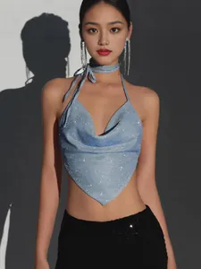 Sexy blue glitter halter neck crop top with backless cowl design for women's summer