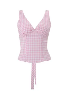 Elegante canotta a quadretti rosa con scollo a V, fiocco e motivi rétro estivi