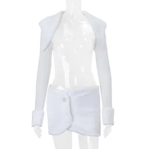 Detailed view of white faux fur shrug and mini skirt set on transparent mannequin