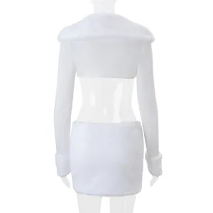 Back view of white fuzzy plush long-sleeve shrug and bodycon mini skirt two-piece set