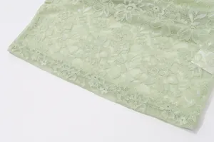 Dettaglio macro ravvicinato del delicato pizzo floreale e del tessuto a rete in verde pallido