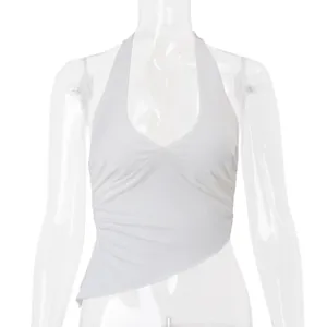 Close-up of a sexy white halter neck top featuring asymmetrical hem and side ruching