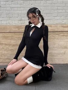 Modisches tailliertes langärmliges schwarzes Kleid Set im Preppy-Stil mit weißem Kragen