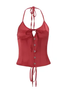 Elegant red satin halter corset top with front buttons and bow detail for women