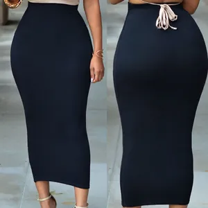 Detail view of a black high-waisted bodycon midi skirt showing front and back