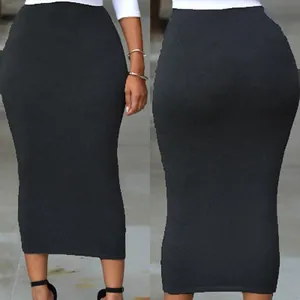 Detailed front and back view of a solid black high-waisted bodycon pencil midi skirt