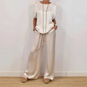 Women Loose Satin Top And Bottom Set Solid Color Half Sleeve Shirt And Wide Leg Pants Casual Lounge Suit For Summer Spring