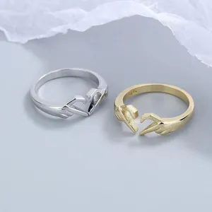 Detailed view of two interlocking hand heart rings in gold and silver finishes