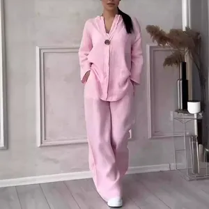Women Casual Polyester Two Piece Set Top And Bottom Solid V Neck Long Sleeve Loose Wide Leg Pants Plus Size Lounge Suit