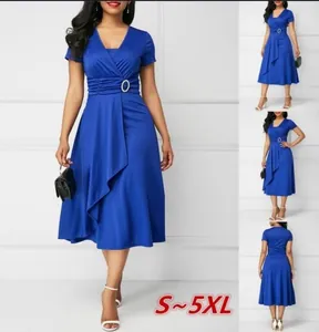 Multi-angle view of blue V-neck dress with asymmetric hem and waist buckle detail