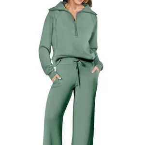 Completo casual da donna due pezzi con felpa con mezza zip e pantaloni a gamba larga