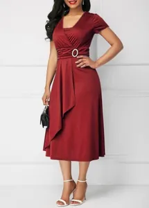 Elegant burgundy V-neck midi dress featuring an asymmetrical skirt and sparkly waist buckle.