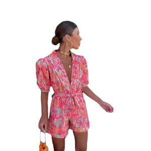 Vibrant abstract floral print V-neck short sleeve romper with waist tie belt for summer