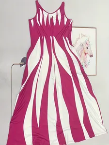 Women's sleeveless V-neck maxi dress featuring bold pink and white wave print pattern