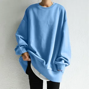 Detailed look at an oversized light blue crewneck sweatshirt for women