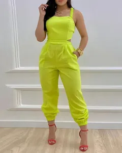 Vibrant neon yellow sleeveless cutout high waist jumpsuit with jogger cuffs for women