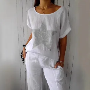 Damen Lockerer Ramie Baumwolle T-Shirt Rundhalsausschnitt Kurzarm Stern Druck Top Mit Hot-fix Strass Dekoration Sommer Lässig