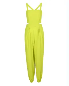 Front view of neon green sleeveless jumpsuit with waist cutouts and high waist fit