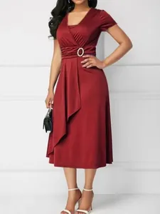 Women Asymmetric Hem V-Neck Dress Elegant Short Sleeve Solid Color Midi Dress Rhinestone Buckle Commuter Fashion Dress