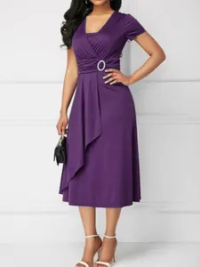 Elegant purple V-neck midi dress with asymmetric drape skirt and waist buckle detail