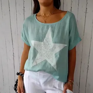 Lässiges Damen T-Shirt aus Baumwollleinen mit einem funkelndem Strass-Stern-Design