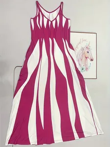 Full view of a magenta and white jagged striped V-neck sleeveless strap maxi dress