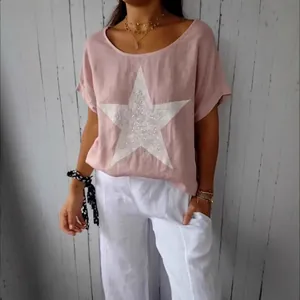 Lockeres Baumwoll-Leinen-T-Shirt für Damen mit Sternenmuster und Strass