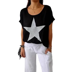 Lässiges, lockeres Damen-T-Shirt aus Baumwollleinen mit großem, glitzerndem Sternen-Druck