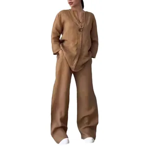 Comfortable casual loose cotton linen two-piece set with V-neck top and wide-leg pants
