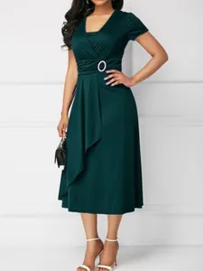 Elegant dark green V-neck dress with asymmetric hem and waist buckle for women