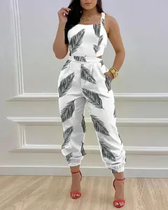 Elegant sleeveless high waist jumpsuit with black leaf print pattern for women