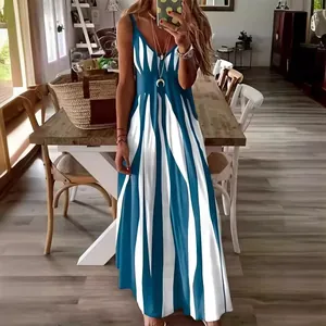 Summer casual V-neck sleeveless maxi dress featuring a bold blue and white abstract stripe print