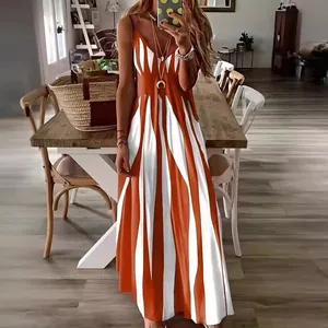 Western style summer sleeveless V-neck maxi dress with orange and white geometric print